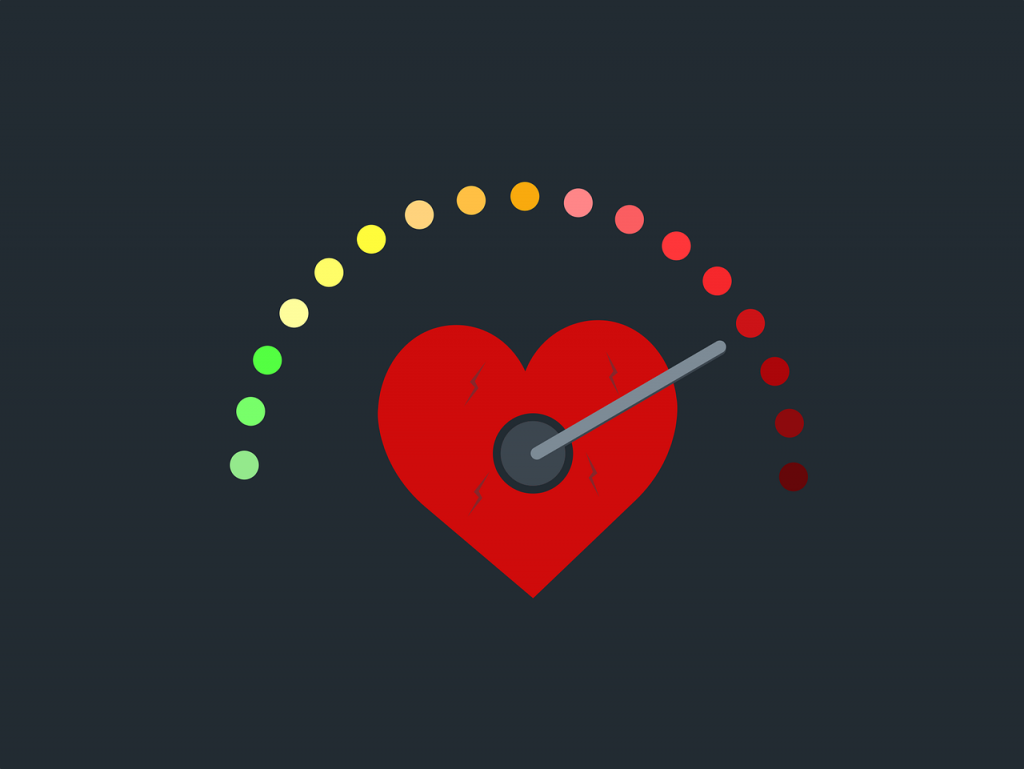 Red cartoon heart underneath a semicircle of dots going from green on the left side to red on the right side. A dial from the heart is pointing towards the red side.
