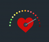 Red heart with dial pointing towards the red part of a scale of dots